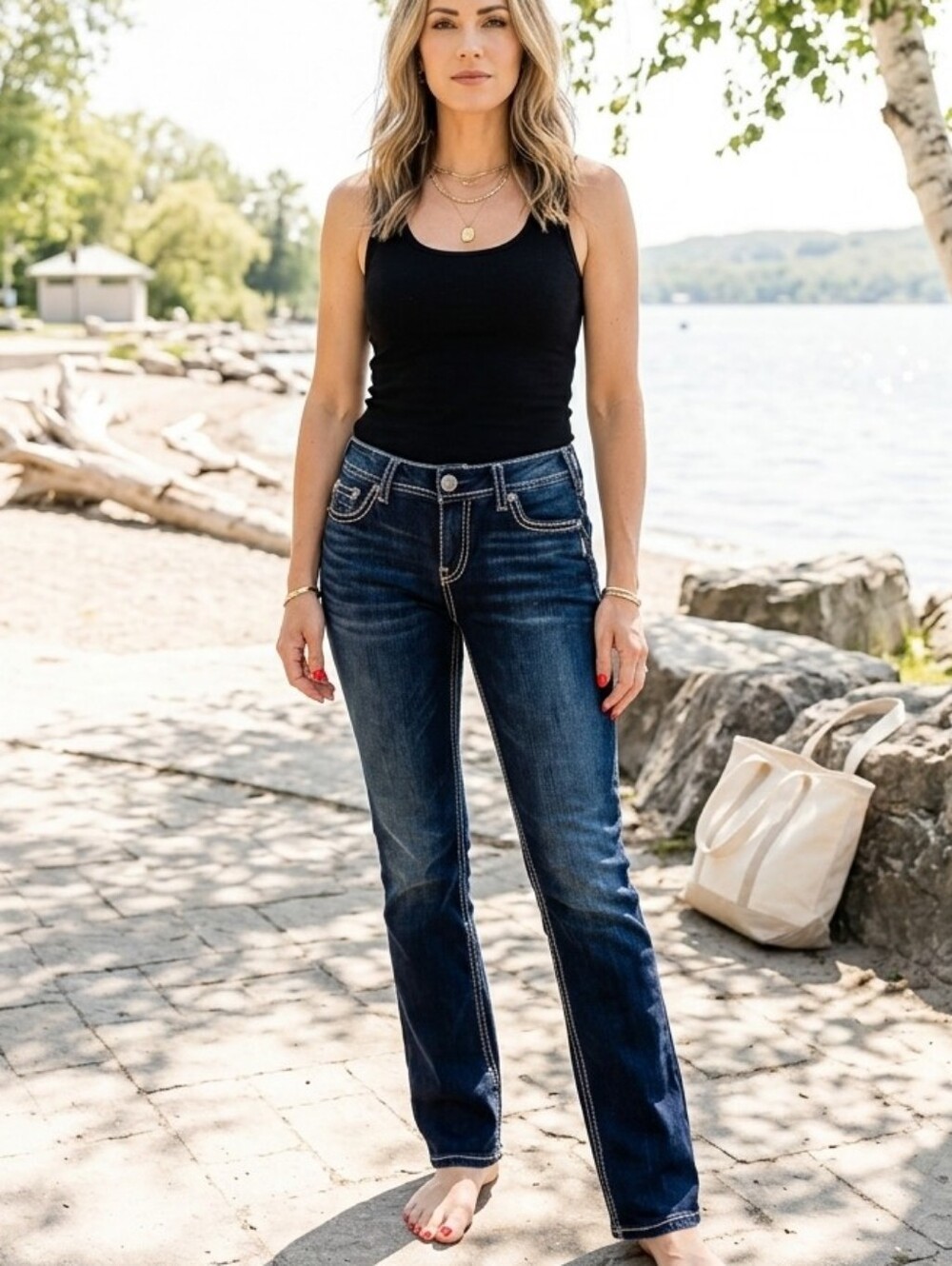 Silver Jeans💙SUKI FLUID Dark Indigo Straight Leg Jeans/ContrastStitching W32L32